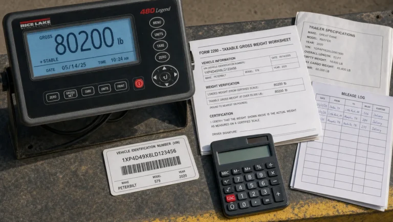 Truck scale display beside weight records and a VIN card for Form 2290 taxable gross weight verification.